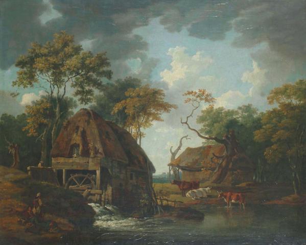 Circle of Peter Le Cave Figures and cattle by a watermill.