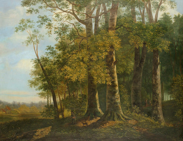 A G Gerton (British, 19th Century) A huntsman in a wood.