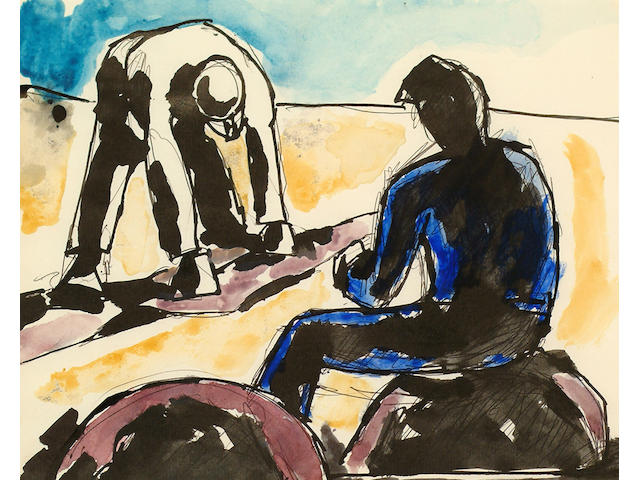 Josef Herman (British, 1911-1999) Two men, one at work the other seated.