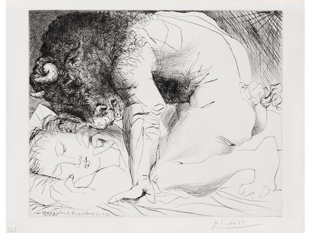 Pablo Picasso (Spanish, 1881-1973) Minotaure Caressant Une Dormeuse Etching, 1933, on thick watermarked Montval paper, signed in pencil, from the total edition of 300; 3 pinhead size fox marks in the right margin, very faint time staining at extreme sheet edges, 300 x 367mm (11 3/4 x 14 1/4in)(PL) unframed
