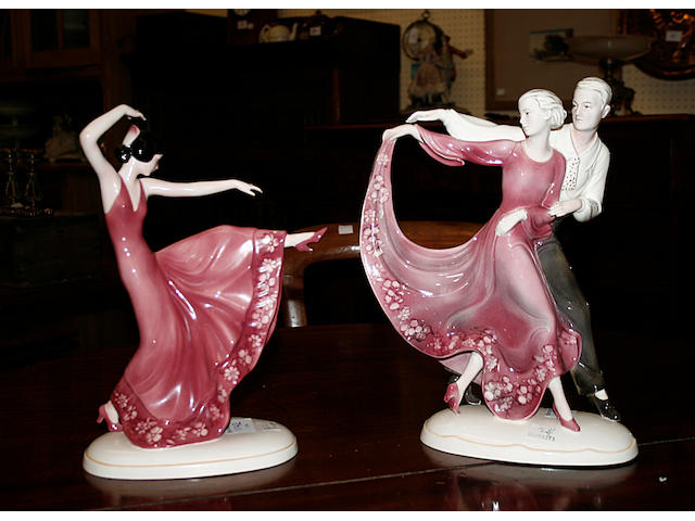 A continental pottery figure group of a 1930s dancing couple,