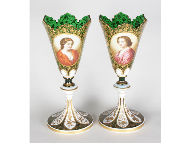 A pair of Bohemian green overlay vases Late 19th Century