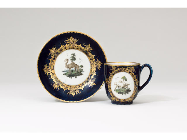 A rare Worcester 'Animal Service' coffee cup and saucer circa 1775