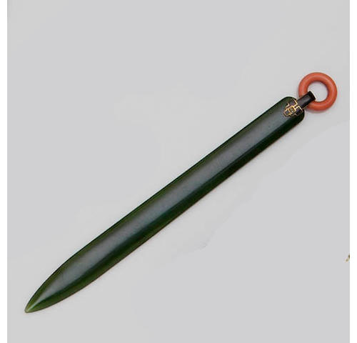 An Art Deco nephrite, coral and enamel paper knife