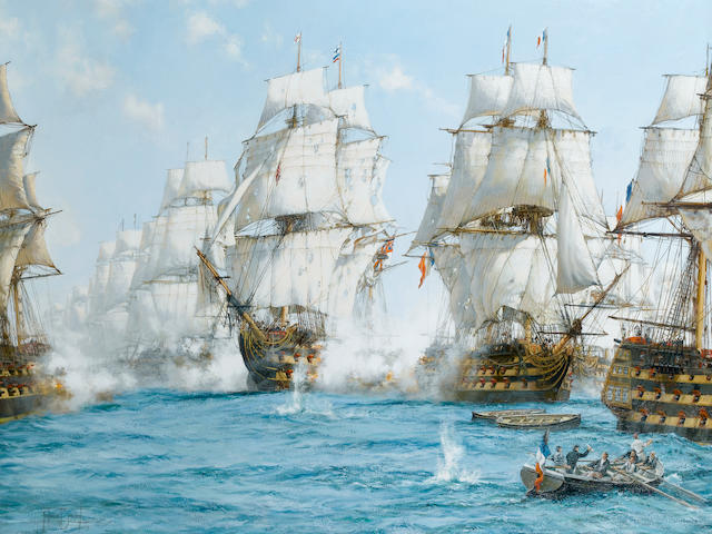 Montague Dawson (British, 1895-1973) Trafalgar; Victory at noon - H.M.S. 'Victory' breaking the enemy line and raking the stern of the French flagship 101.6 x 127cm. (40 x 50in.)