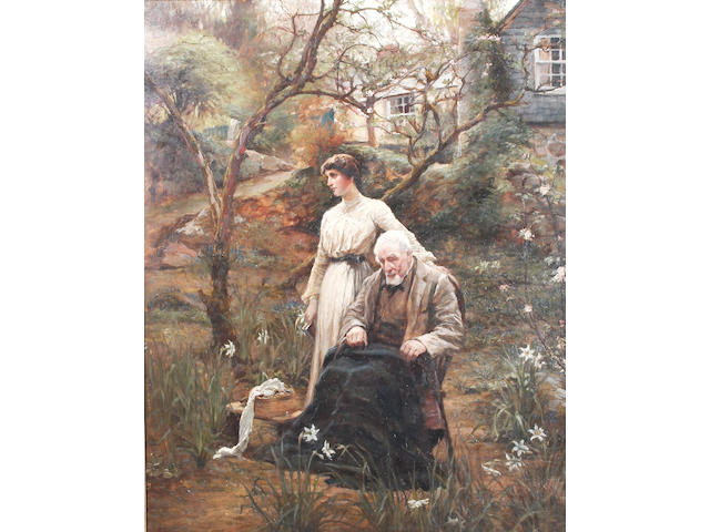 C H Thompson Study of a woman and her elderly father in a cottage garden "Twixt Love & Duty", signed and dated 1905-06, 126 x 99cm See front cover illustration