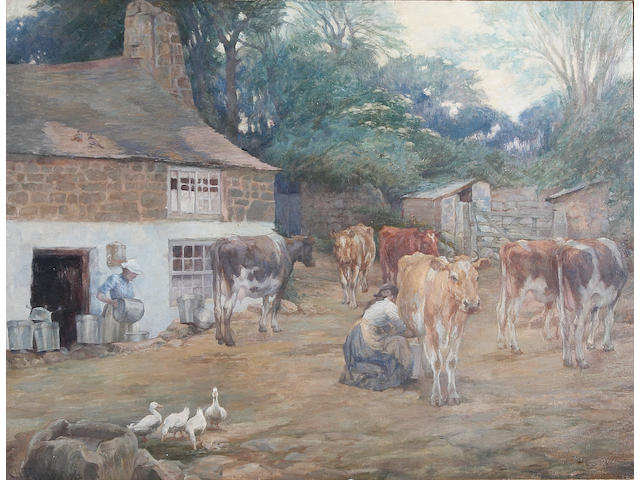 C H Thompson Farmyard scene with cattle, geese and milkmaids, "Trewoofe Farm Lamorna", on canvas, signed and dated 1942, 69 x 90cm See colour illustration inside back cover