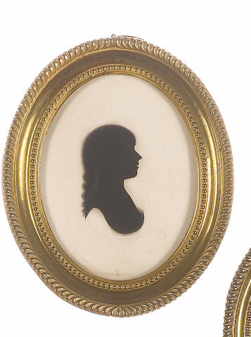 John  Miers (British, circa 1758-1821) A pair of silhouettes of Jane and Thomas Gloag; She, profile to the right, wearing dress with lace trim; He, profile to the left, wearing coat with frilled chemise, his hair worn in pigtail bound with ribbon