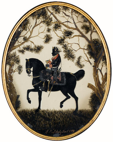 F. E. Schutz (German, fl.late 18th Century), A silhouette of Frederick II of Prussia (Frederick the Great) (1712-86), profile to the left, seated astride his horse, wearing the uniform of the Prussian Life Guards, with red collar and cuffs, breast star of the Royal Prussian Order of the Black Eagle and tricorn hat adorned with rosette, woodland setting