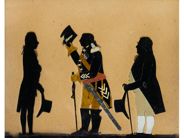 Charles Rosenberg (British, 1745-1844) A conversation piece of George III (1738-1820) with William Pitt the younger (1759-1806) and Charles James Fox (1749-1806), the King, profile to the left, wearing uniform, coat with epaulette and decorated with chevrons, breast star of the Order of the Garter, cross belt and gloves, a sword at his left hip, he holds a staff in his left hand and raises his fantail hat with his right; he faces Pitt, who holds a wide-brimmed hat, his back to Fox, who holds a cane and wide-brimmed hat