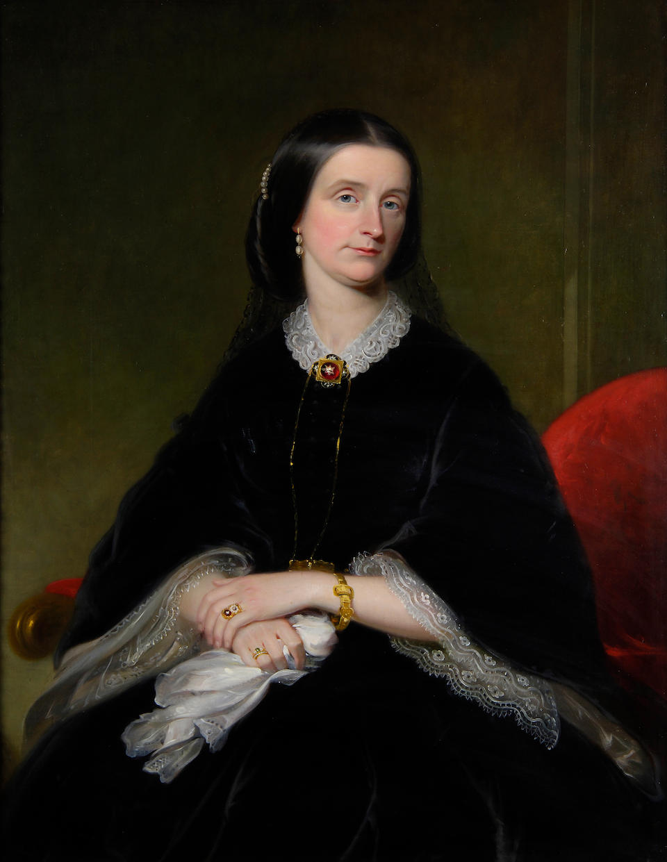 Solomon Cole (British, fl.1845-1859) Portrait of Mr. Charles Randell of Chadbury, nr. Evesham, together with a portrait of Mrs Charles Randell each 112 x 86cm (44 x 34in), a pair.(2)