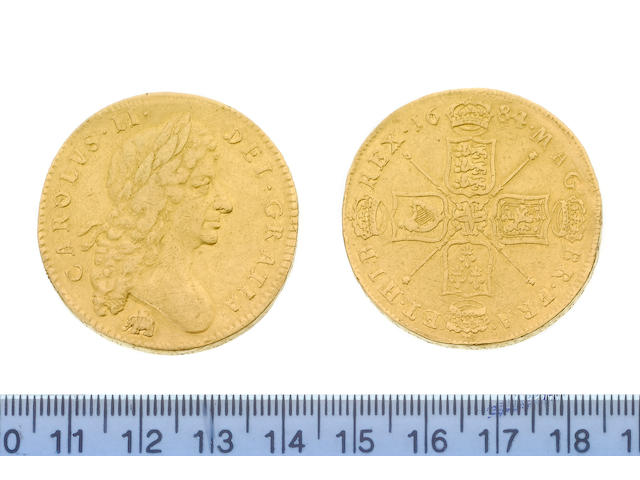 Charles II, Five Guineas, 1684, SEXTO, first bust with Elephant and Castle below,