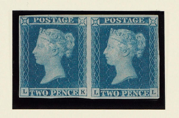 1841 2d. Plate 3: LK-LL horizontal pair mint, superb colour, small to good margins, trace of thinning at the extreme right, virtually full original gum. Signed Diena.