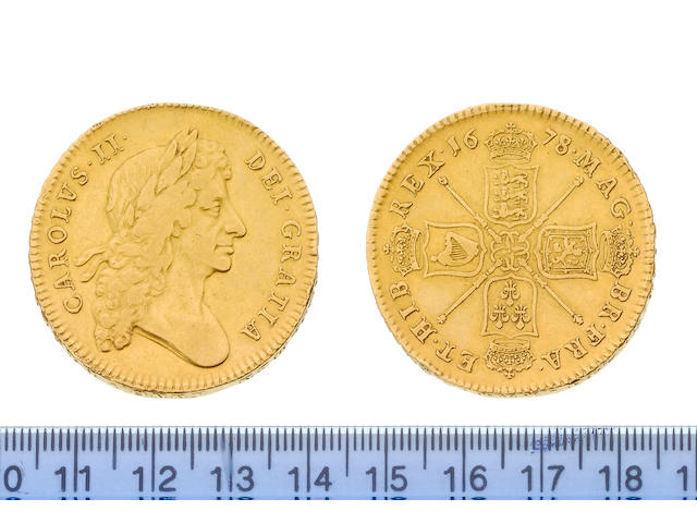 Charles II ( 1660-85 ), Five Guineas, 1678, 8 over 7, larger first laureate bust right, pointed truncation, long hair extending down less with less curls at termination, ties thicker and shorter, CAROLVS.II. DEI.GRATIA, toothed border both sides,
