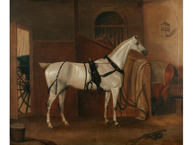 Thomas Weaver (1774-1843)  Portrait of a grey hackney in a stable, possibly commissioned for John Eaton, (horse blankets initialled J. E.),