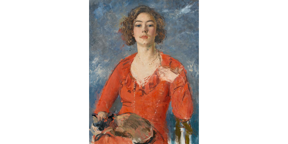 Augustus John O.M., R.A. (British, 1878-1961) Poppet seated in a red dress with a cat on her lap 91.5 x 71 cm. (36 x 28 in.)