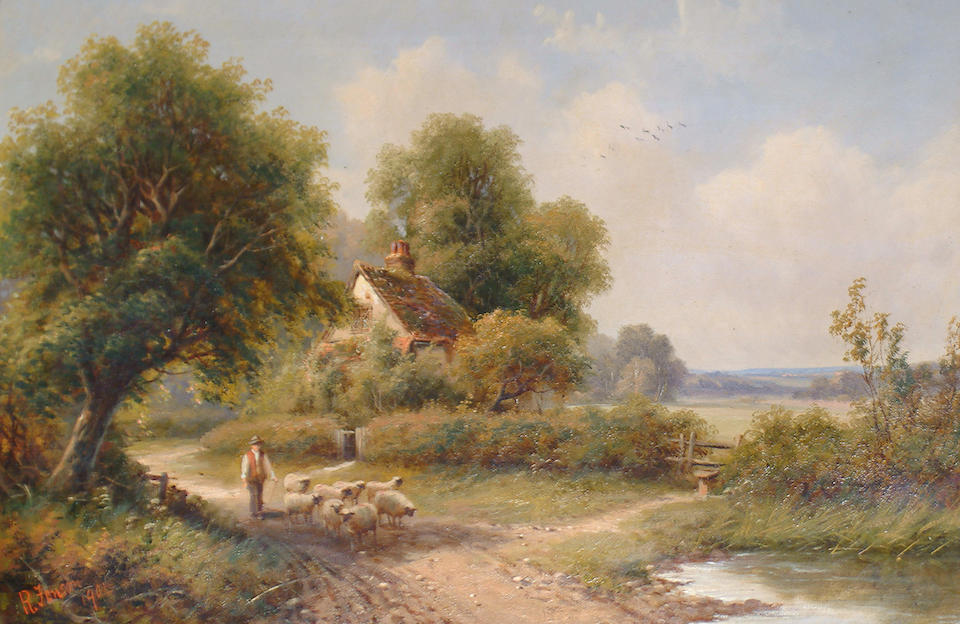 Robert Fenson (British 19th/20th Century) Outside the cottage door with geese; Driving the sheep each 40 x 60.5cm (15 3/4 x 23 13/16in) (2)