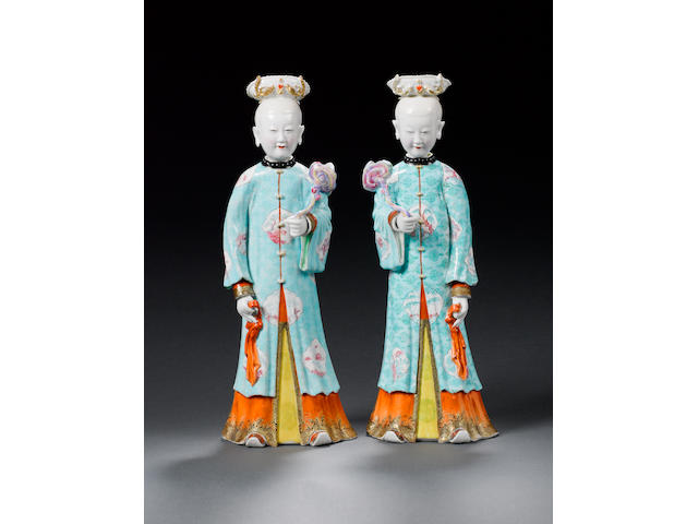 A fine and rare pair of famille rose 'nodding head' ladies Yongzheng/early Qianlong