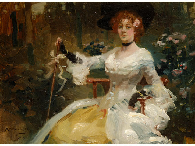 Sir Alfred James Munnings, P.R.A., R.I., R.W.S. (1878-1959) The Rendez-vous 30.5 x 40.5cm (12 x 16in), in good carved giltwood frame.