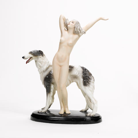 Josef Lorenzl for Goldscheider A Pottery Figure of a Nude Girl and Borzoi, circa 1937