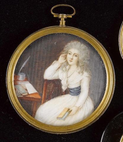 French School, circa 1815, A Lady, wearing classical style dress, with sheer loose white robe held with blue brooch, peach waistsash and blue armband encrusted with pearls, her hair loosely upswept