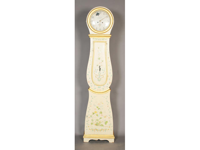 An 18th century Swedish pine, later cream and gilt painted and floral decorated longcase clock,