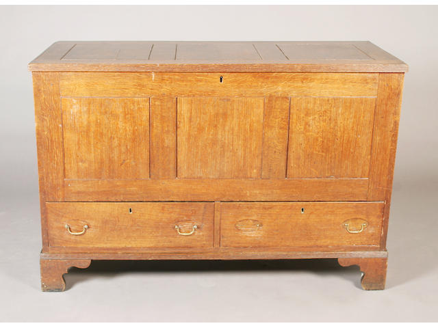 A late George III oak mule chest,