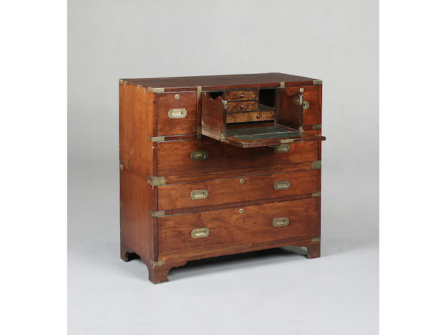 A Victorian teak and brass bound secretaire campaign chest