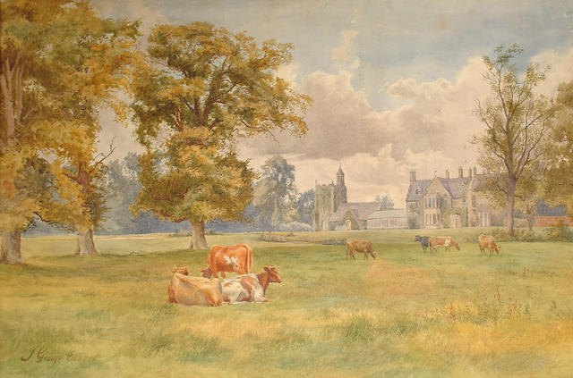 Thomas George Cooper (British, 1836-1901) Cattle grazing before a country manor house