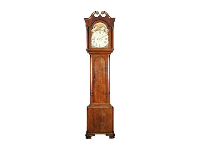An early 19th Century oak and mahogany-cased 8-day painted dial longcase clock, anonymous sold with two weights and pendulum