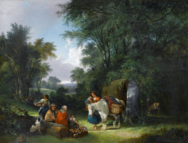 William Shayer, Snr. (British, 1787-1879) Travellers resting, a view in the New Forest, Hampshire 71 x 91.5 cm. (28 x 36 in.)