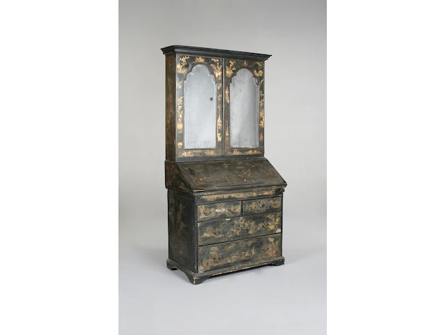 A Queen Anne and later black japanned bureau cabinet