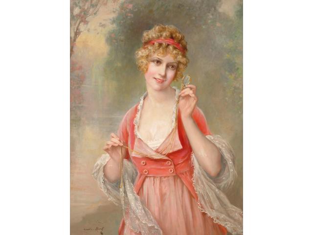 Fran&#231;ois Martin-Kavel (French, 1861-1931) Young lady wearing pink dress and holding an eyeglass,