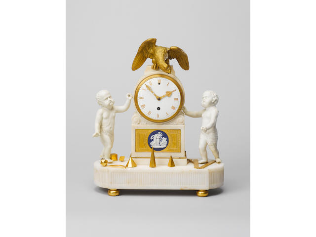 A very rare early 19th century ormolu mounted marble and biscuit porcelain mantel timepiece , sold on 22nd May 1804 to Sir Thomas Frankland Vulliamy, London, Number 351