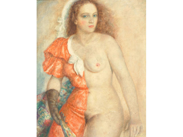 F. Gali (French), 20th Century Seated woman, semi-nude and semi-clothed, wearing red dress with black glove and holding a fan,