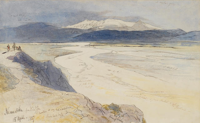 Edward Lear (British, 1812-1888) Nemertska from Kouzza, Albania 32.4 x 52.1 cm. (12&#190; x 20&#189; in.)