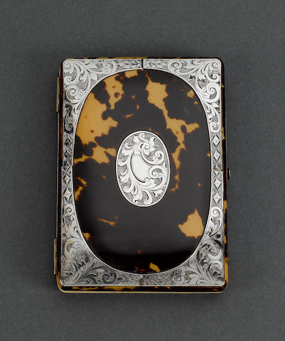 An unusual Victorian tortoiseshell and silver inlaid lady's card case, another similar lady's case and two further tortoiseshell, mother of pearl and silver inlaid lady's cases,