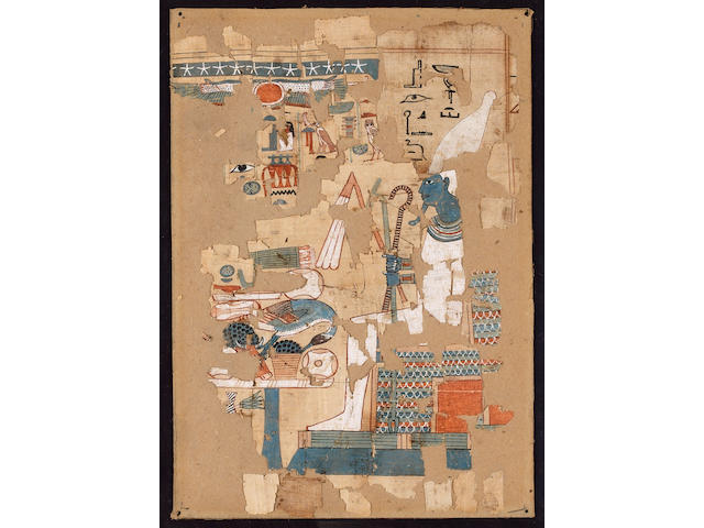 An Egyptian fragmentary polychrome painted papyrus sheet