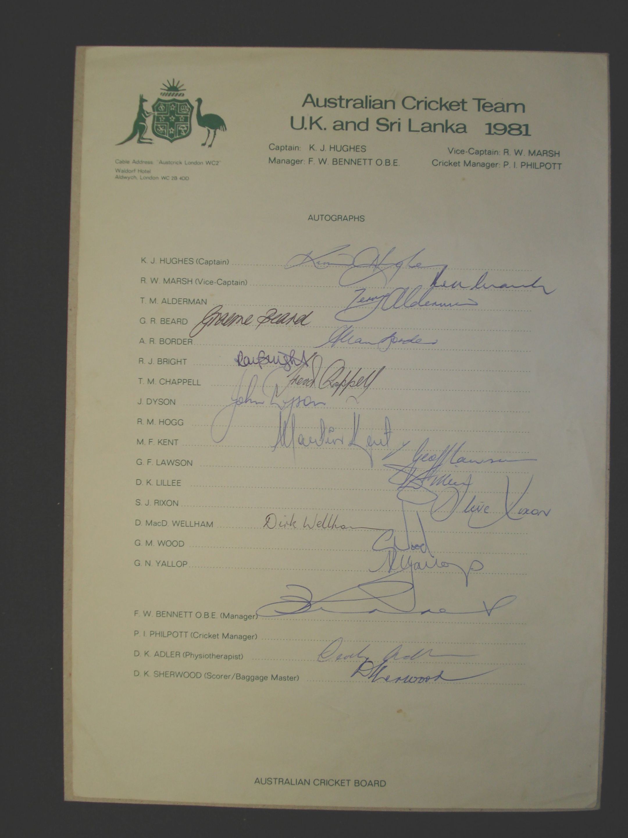 Australia signed team sheet