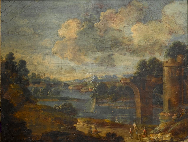 Monogrammist M B (Flemish, active 18th Century) A river landscape with figures resting 18 x 23.1 cm. (7 x 9 1/8 in.)