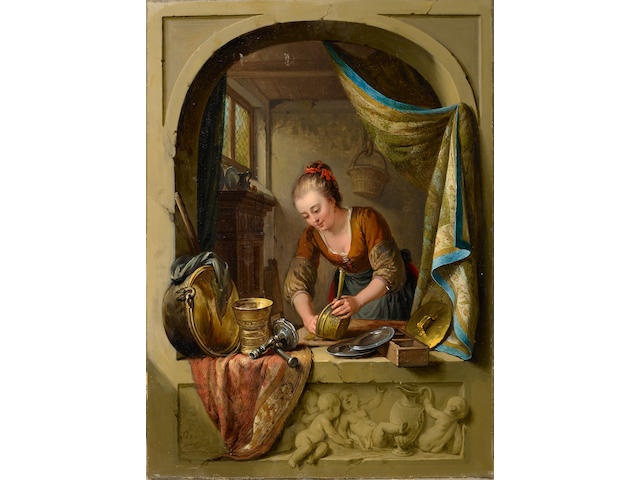 Willem Joseph Laquy (Bruel 1738-1798 Cleves) A young woman cleaning pans 47 x 34.5 cm. (18&#189; x 13&#189; in.) unframed