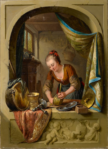 Willem Joseph Laquy (Bruel 1738-1798 Cleves) A young woman cleaning pans 47 x 34.5 cm. (18&#189; x 13&#189; in.) unframed