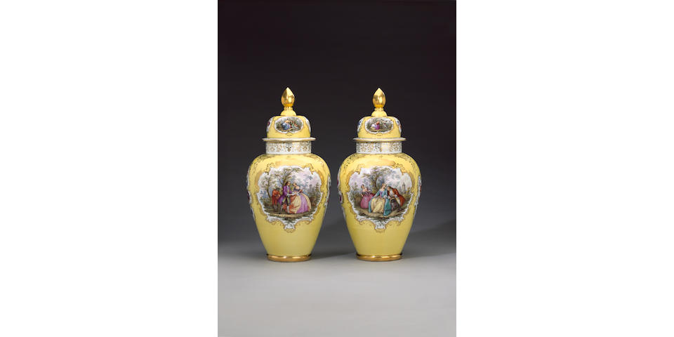 A fine pair of very large Meissen vases and covers mid 19th century