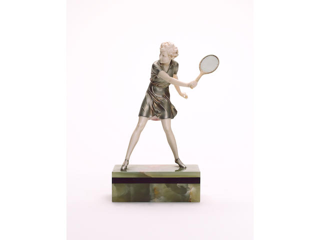 Ferdinand Preiss 'Girl Tennis Player' a Cold-Painted Bronze and Carved Ivory Figure, circa 1925
