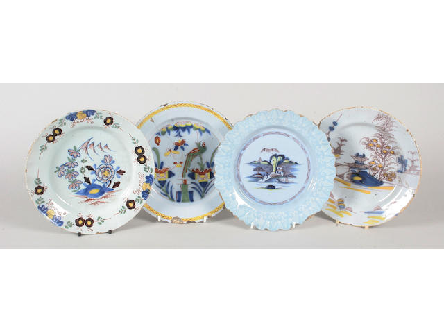 Four English Delft plates mid 18th century