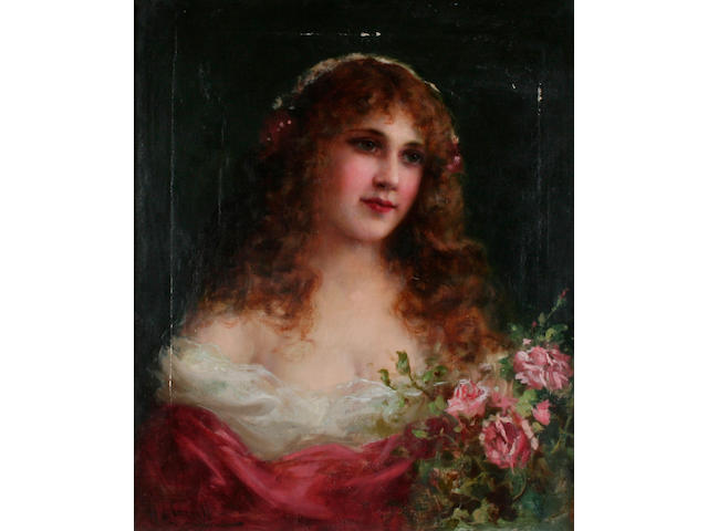 William Joseph Carroll  Pretty young girl with a bouquet of roses,