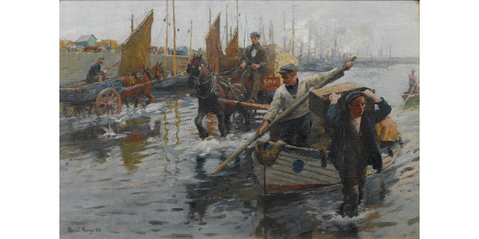 Harold Harvey (1874-1941) Unloading the boats, Newlyn Harbour 30.5 x 46 cm. (12 x 18 in.)
