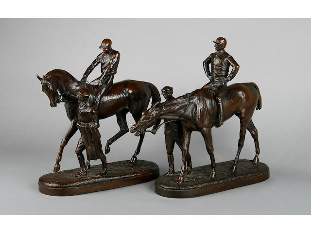 John Willis Good (1845-1879): A pair of bronze models of racehorses, jockeys and their trainers