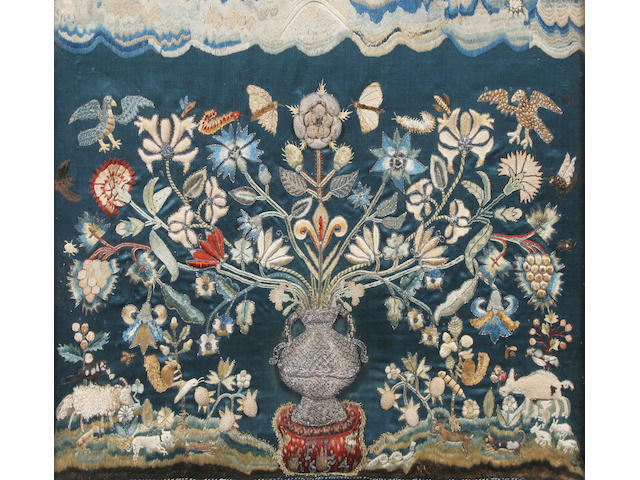 A mid-17th century embroidered and stumpwork panel