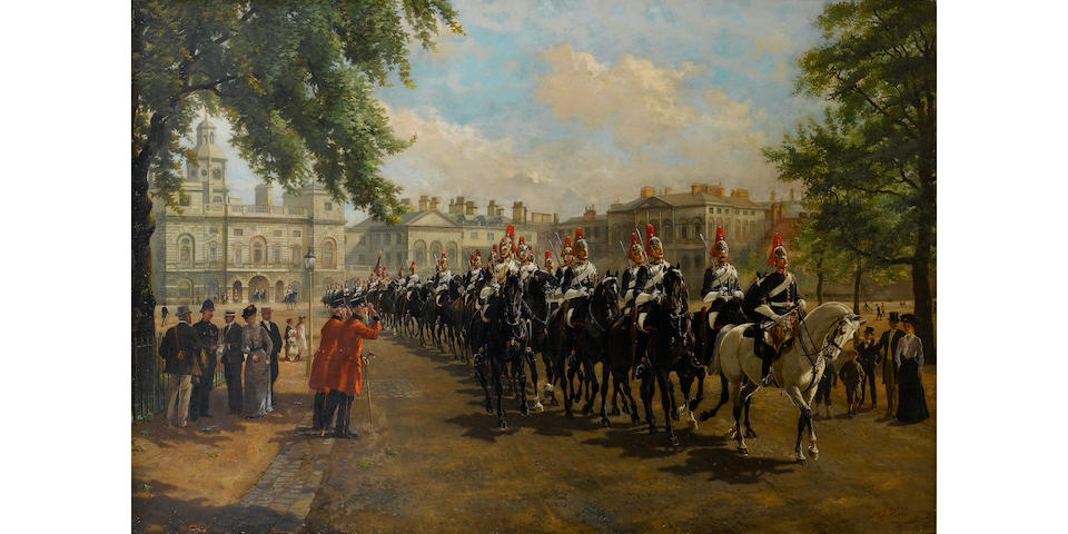 Harry Payne (British, 1858-1927) The Royal Horse Guards (The Blues and Royals) crossing Horse Guards Parade 92 x 138 1/2 cm. (36 1/4 x 54 1/2 in.)